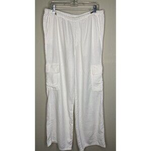 Women's Vintage Linen Wide Leg Bungee Lagenlook White Pants Arizona Size Large